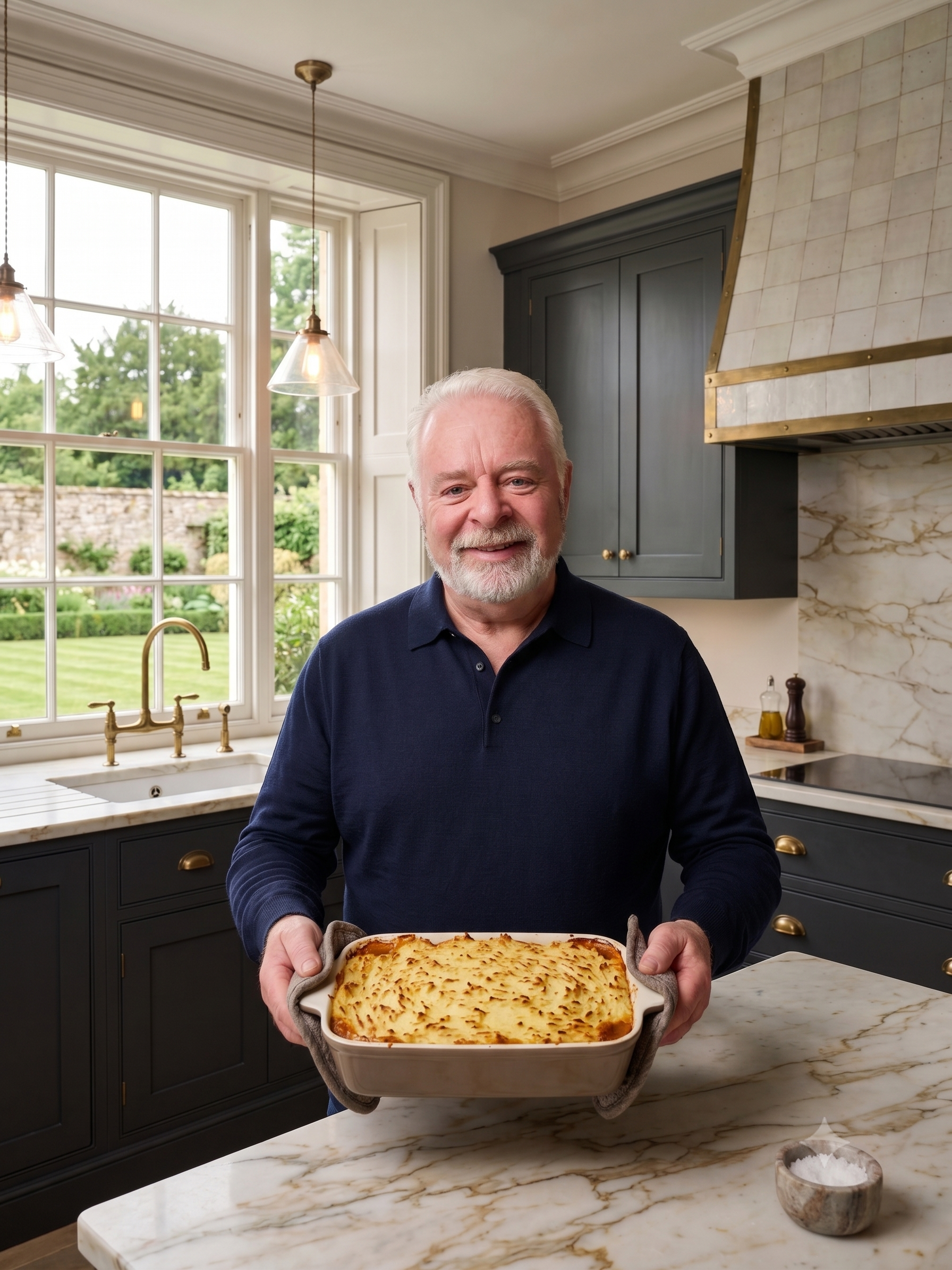 Author holding a freshly baked Shepherd’s Pie